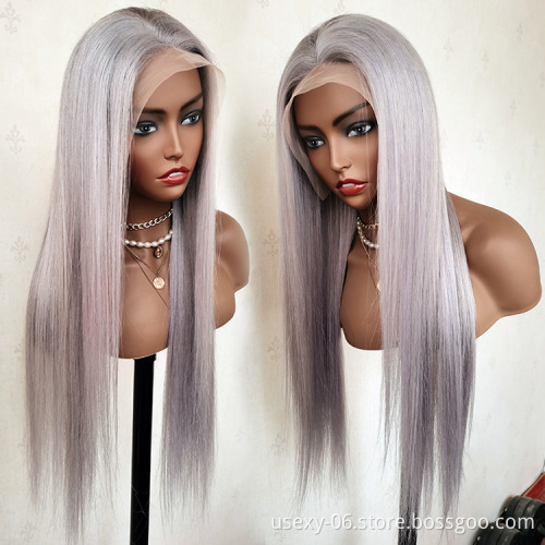 Frontal Wig Vendors Wholesale Brazilian Virgin Hair Silver Gray Transparent HD Lace Wigs Colored Lace Front Human Hair Wigs